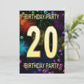 20. Geburtstagsparty Einladung Feuerwerk Blasen (Stehend Vorderseite)