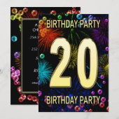 20. Geburtstagsparty Einladung Feuerwerk Blasen (Vorne/Hinten)