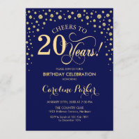20. Geburtstagsparty Einladung - Gold Navy Blue