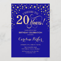 20. Geburtstagsparty Einladung - Gold Royal Blue