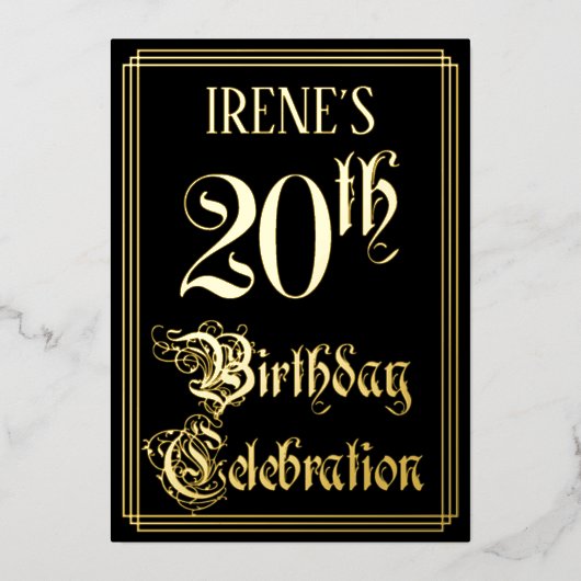 20. Geburtstagsparty - Extravagantes Drehbuch und Folieneinladung (Vorderseite)