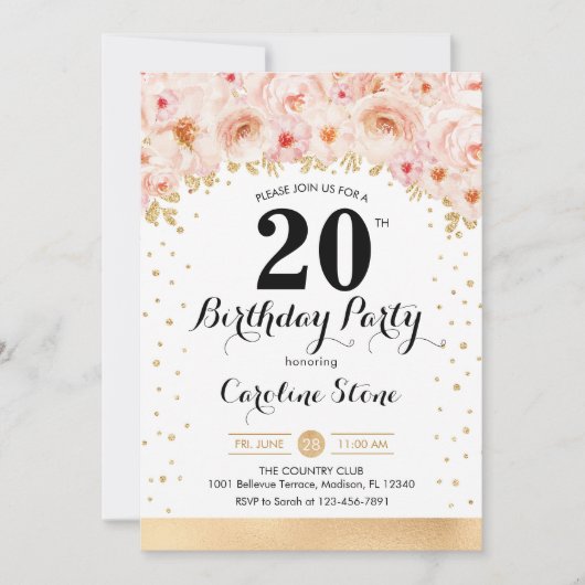 20. Geburtstagsparty - Gold-Blume Einladung (Vorderseite)