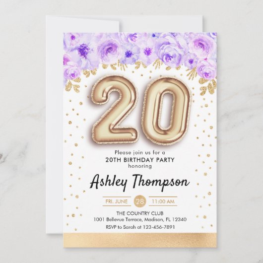 20. Geburtstagsparty - Goldballons Lila Einladung (Vorderseite)