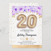 20. Geburtstagsparty - Goldballons Lila Einladung (Vorne/Hinten)