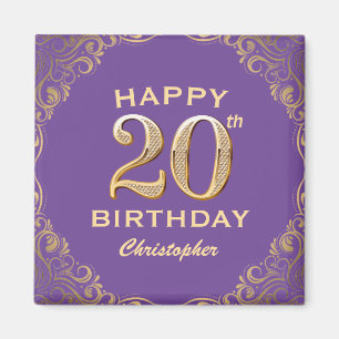 20. Geburtstagsparty Lila und Gold Glitzer Frame Magnet