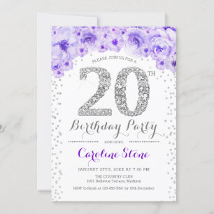 20. Geburtstagsparty - Lila Weißes Silber Einladung