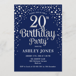 20. Geburtstagsparty - Navy & Silver Einladung