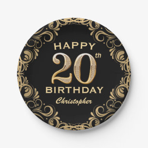 20. Geburtstagsparty Schwarz und Gold Glitzer Fram Pappteller