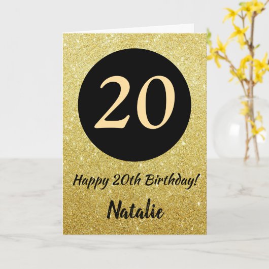 20. Happy Birthday Black and Gold Glitzer Card Karte (Gelbe Blume)