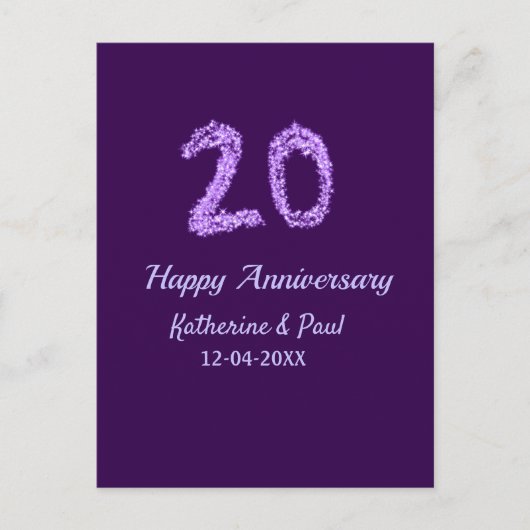 20. Happy Jubiläum Pärchenname Datum lila Postkarte (Vorderseite)