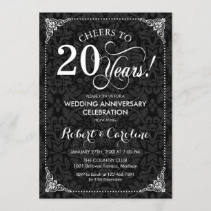 20. Hochzeitstag - Schwarz Weiß Damast Einladung