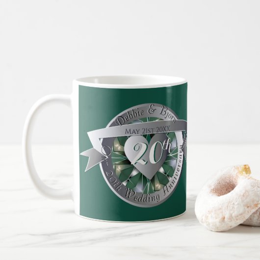 20. Jahrestag der Hochzeit Smaragdgrüner Medallion Kaffeetasse (Mit Donut)