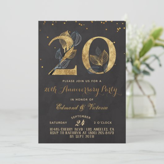 20-jähriges Gold Floral Einladung (Stehend Vorderseite)