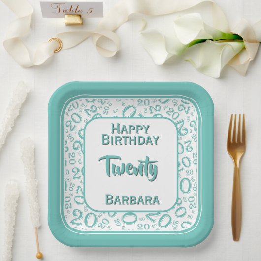 20. Party Random Number Pattern Aquamarin/weiß Pappteller (Hochzeit)