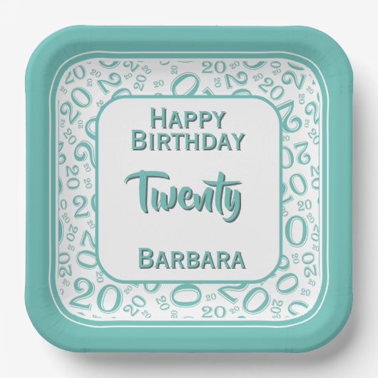 20. Party Random Number Pattern Aquamarin/weiß Pappteller (Vorderseite)