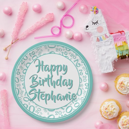 20. Party Random Number Pattern Aquamarin/weiß Pappteller (Party)