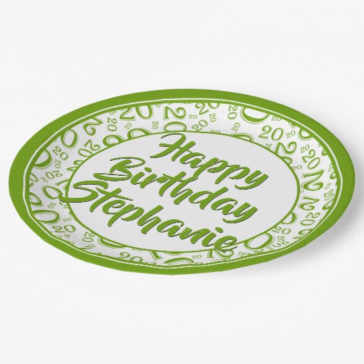 20. Party Random Number Pattern Grün/Weiß Pappteller (Schrägansicht)