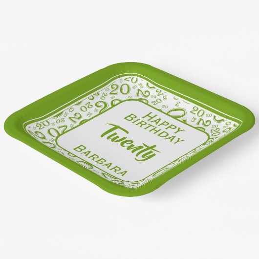 20. Party Random Number Pattern Grün/Weiß Pappteller (Gewinkelt)