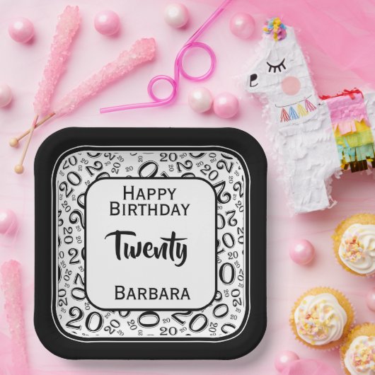 20. Party Random Number Pattern Schwarz/Weiß Pappteller (Party)