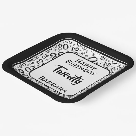 20. Party Random Number Pattern Schwarz/Weiß Pappteller (Gewinkelt)