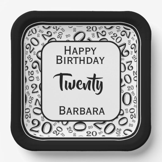 20. Party Random Number Pattern Schwarz/Weiß Pappteller (Vorderseite)