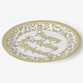 20. Party Zufallszahlenmuster Gold/Weiß Pappteller (Schrägansicht)