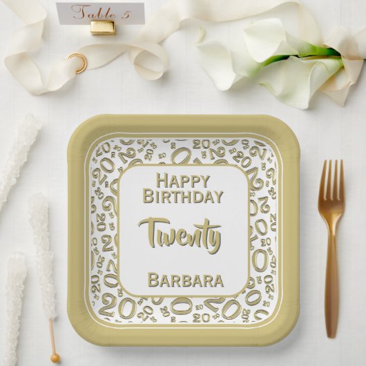 20. Party Zufallszahlenmuster Gold/Weiß Pappteller (Hochzeit)