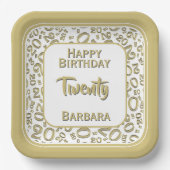 20. Party Zufallszahlenmuster Gold/Weiß Pappteller (Vorderseite)