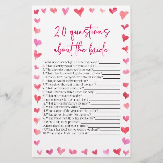 20 Questions About The Bride Bridal Shower Game Briefpapier (Vorderseite)
