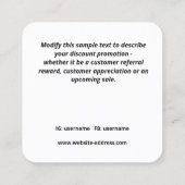 20% Rabatt auf den Kundennachlass Gutschein Square Quadratische Visitenkarte (Rückseite)