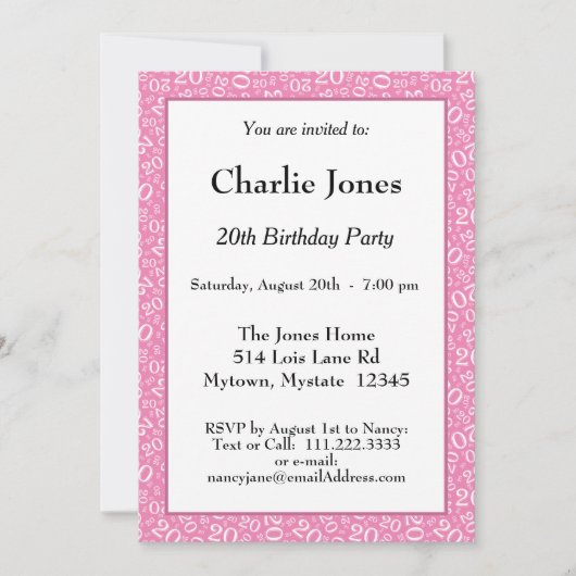 20 - Random Number Pattern Pink/White 20. Veransta Einladung (Vorderseite)