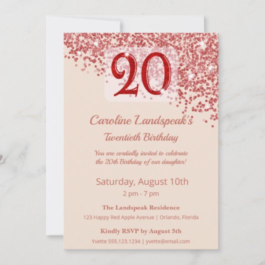 20. Ruby Red Glitter Champagner Geburtstag Einladung (Vorderseite)
