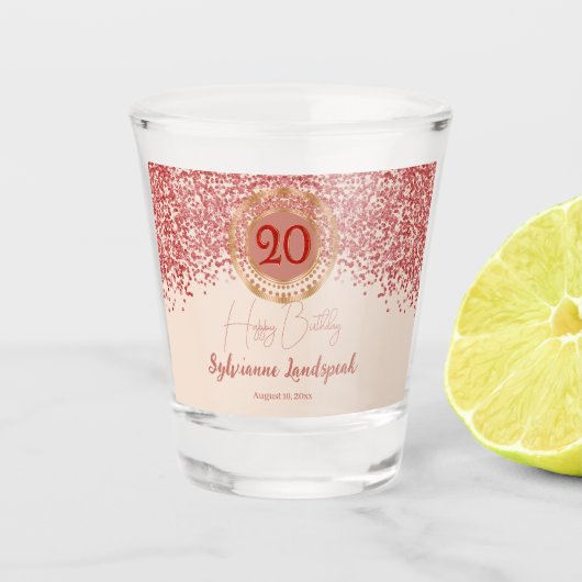 20. Ruby Red Glitter Champagner-Gold Geburtstag Schnapsglas (Vorderseite)