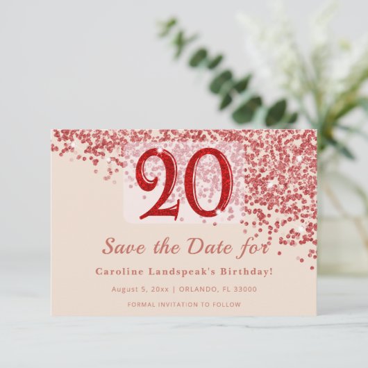 20. Ruby Red Glitter Champagner Save the Date (Stehend Vorderseite)