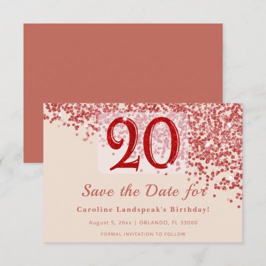 20. Ruby Red Glitter Champagner Save the Date (Vorne/Hinten)