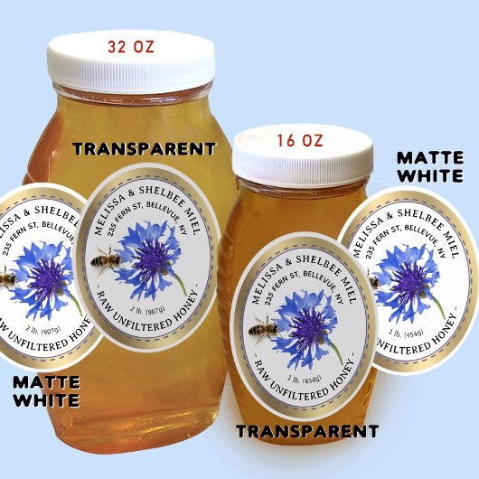 20 Small Jar Oval Blue Blume Honey Label und Biene