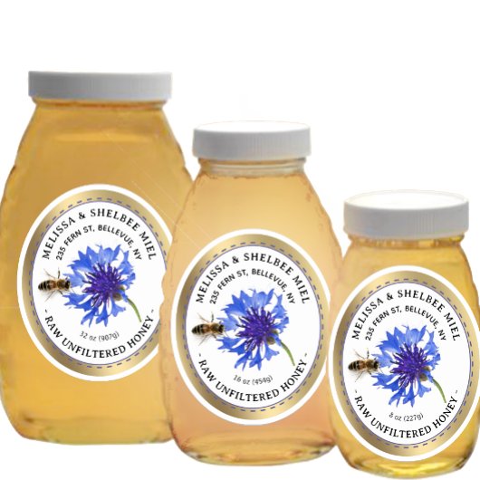 20 Small Jar Oval Blue Blume Honey Label und Biene