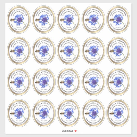 20 Small Jar Oval Blue Blume Honey Label und Biene (Blatt)