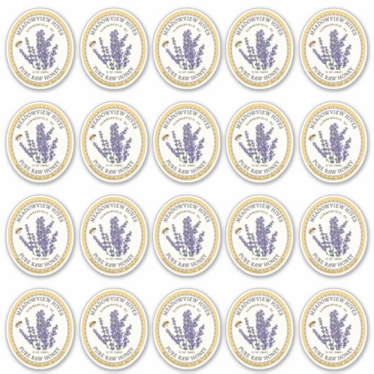 20 Small Jar Oval Lavendel Honey Label mit Biene (Vorderseite)