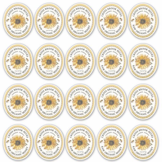 20 Small Jar Oval Sunflower Honey Label mit Biene (Vorderseite)