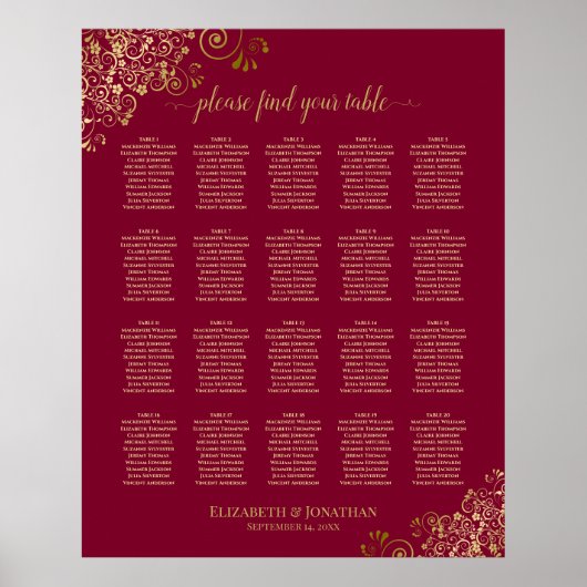20 Tabelle Elegant Burgundy & Gold Seating Chart Poster (Vorne)