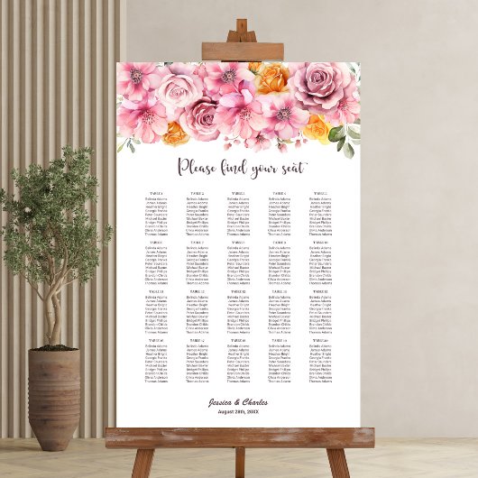 20 Tabelle Elegant Rosa Blütensitzkarte Poster