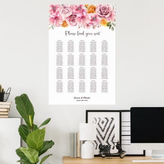 20 Tabelle Elegant Rosa Blütensitzkarte Poster (Heimbüro)