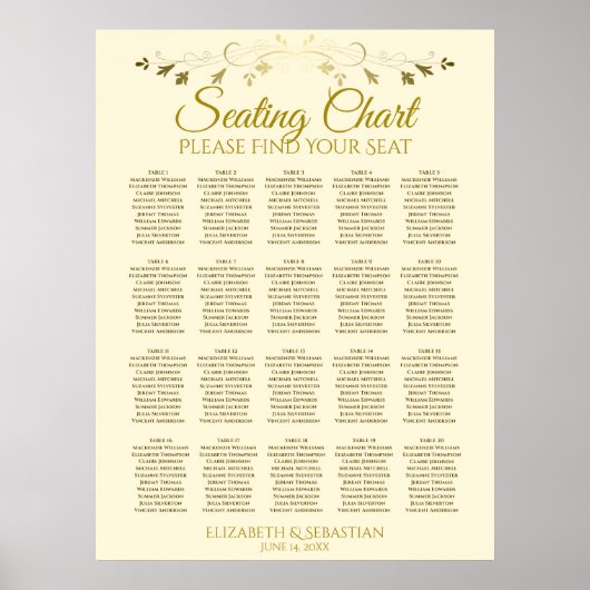 20 Tabelle Elegante Gold Cream Wedding Chart Poster (Vorne)