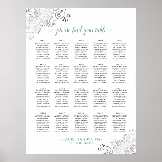 20 Tabelle Frily Wedding Seating Chart Weiß & Aqua Poster (Vorne)