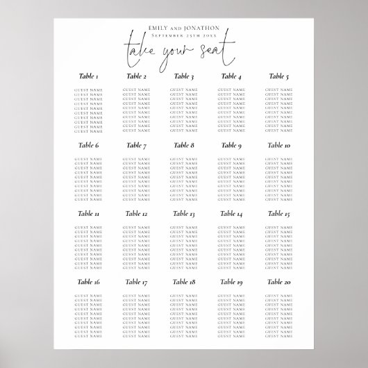 20 Tabelle Skript Schwarz-Weiß-Sitze-Diagramm Poster (Vorne)