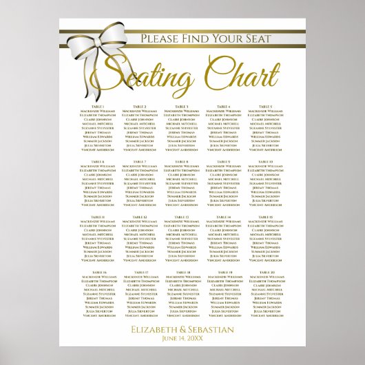 20 Tabelle White & Gold Ribbon Hochzeitstabelle Poster (Vorne)
