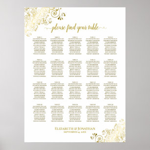 20 Tafelweiß & Gold Frills Hochzeitsdiagramm Poster