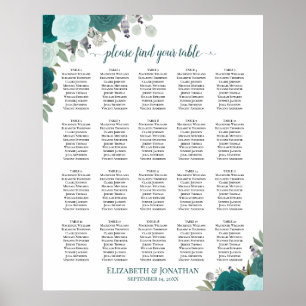 20-Tisch Elegante Türkis Blumen Hochzeit Sitzordnu Poster