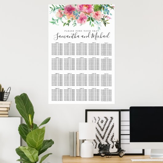 20-Tisch-Hochzeitstabelle für Rosa Peony Floral Poster (Heimbüro)